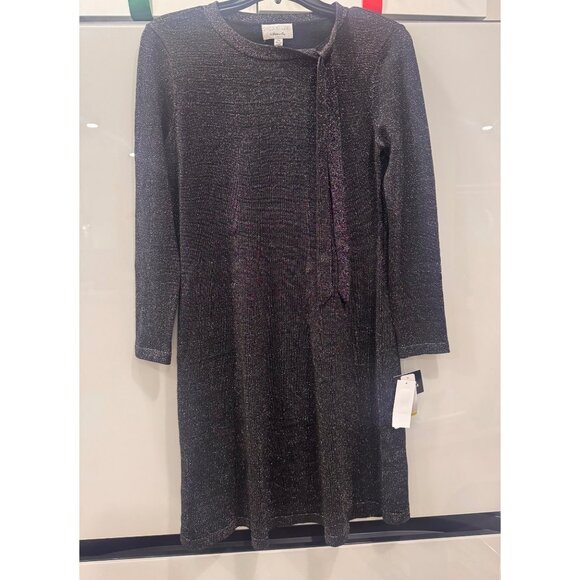 Signature By Robbie Bee Black Metallic Knit Dress With Bow Tie Accent & Long Sle - Picture 4 of 6